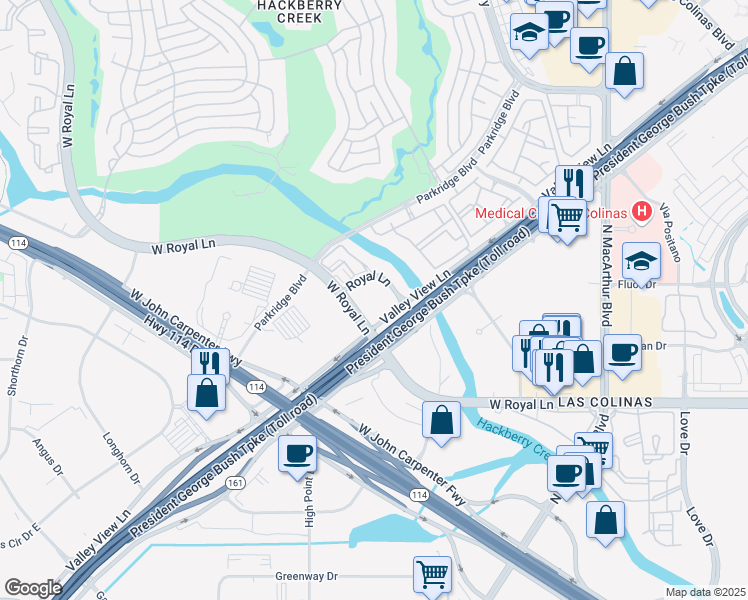 map of restaurants, bars, coffee shops, grocery stores, and more near 1501 West Royal Lane in Irving
