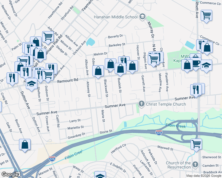 map of restaurants, bars, coffee shops, grocery stores, and more near 5612 Aldrich Avenue in Charleston