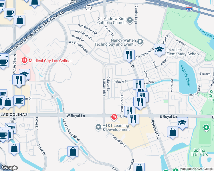map of restaurants, bars, coffee shops, grocery stores, and more near 6671 DeLeon Street in Irving