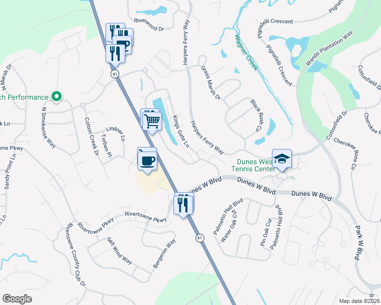 map of restaurants, bars, coffee shops, grocery stores, and more near 2561 Kings Gate Lane in Mount Pleasant