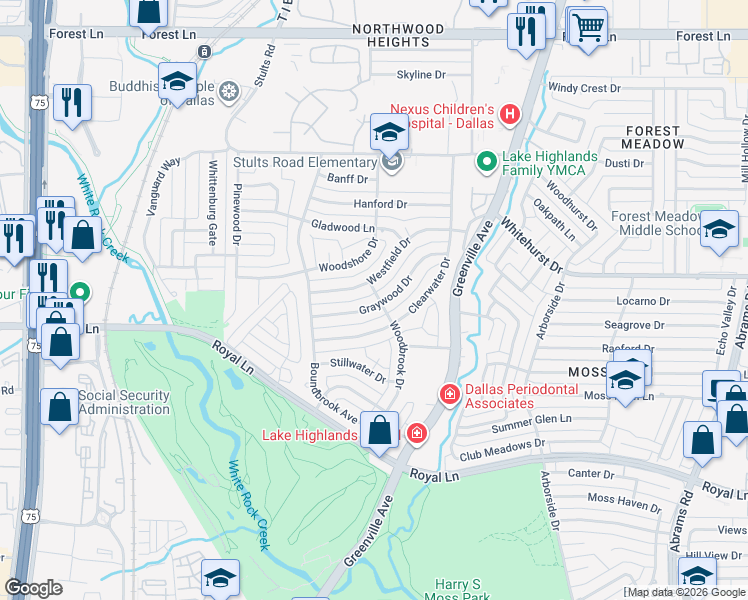 map of restaurants, bars, coffee shops, grocery stores, and more near 8635 Graywood Drive in Dallas