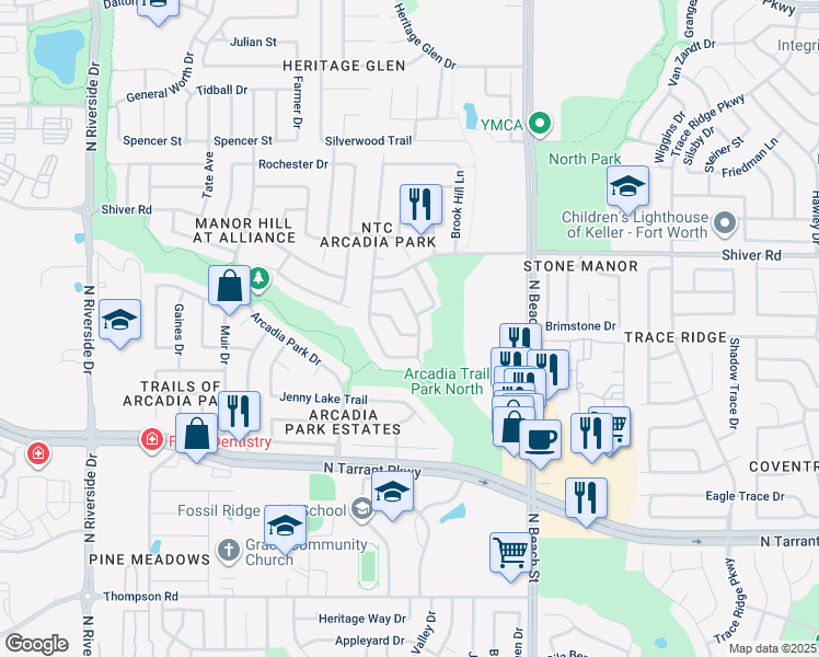 map of restaurants, bars, coffee shops, grocery stores, and more near 4257 Doe Creek Trail in Fort Worth