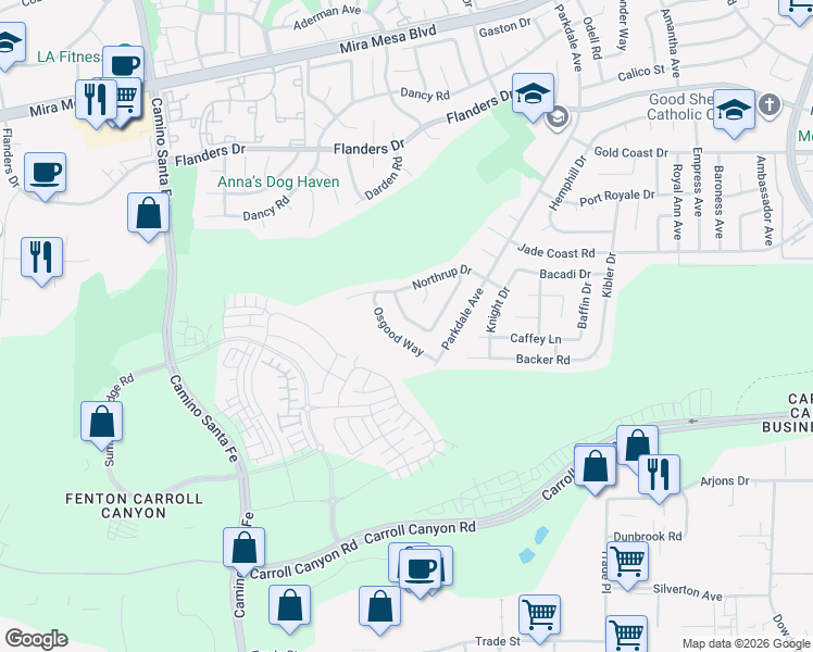 map of restaurants, bars, coffee shops, grocery stores, and more near 10020 Kaufman Way in San Diego