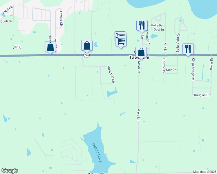 map of restaurants, bars, coffee shops, grocery stores, and more near 137 Hoot Owl Circle in Quinlan