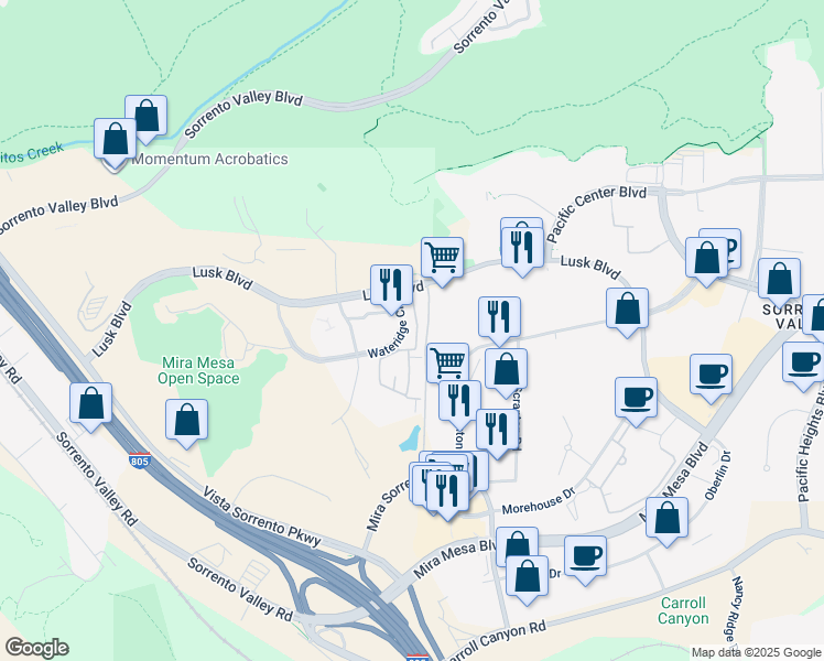 map of restaurants, bars, coffee shops, grocery stores, and more near 10140 Wateridge Circle in San Diego