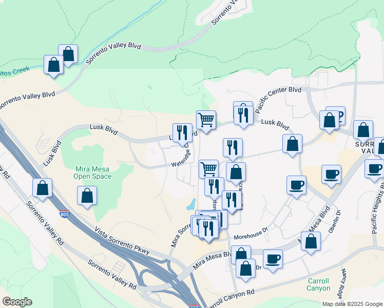 map of restaurants, bars, coffee shops, grocery stores, and more near 10140 Wateridge Circle in San Diego