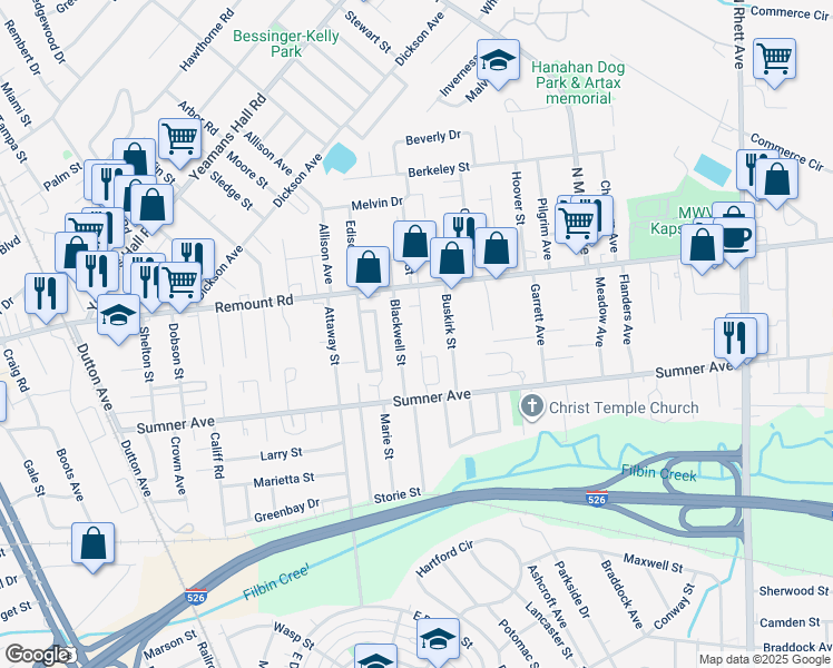 map of restaurants, bars, coffee shops, grocery stores, and more near 5612 Aldrich Avenue in Charleston