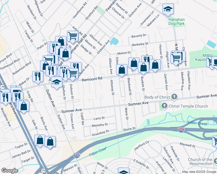 map of restaurants, bars, coffee shops, grocery stores, and more near 5632 Pryor Street in North Charleston