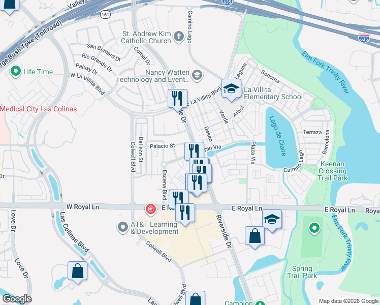 map of restaurants, bars, coffee shops, grocery stores, and more near 6700 Castillo Street in Irving