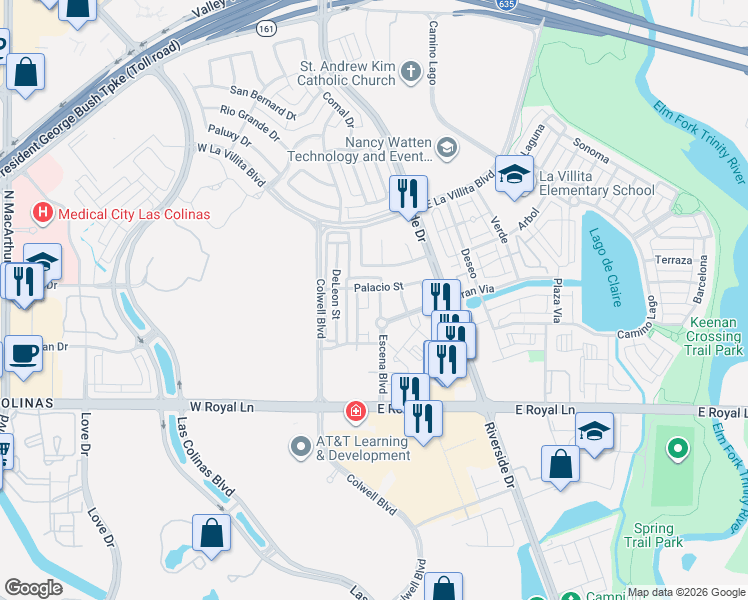 map of restaurants, bars, coffee shops, grocery stores, and more near 6673 Escena Boulevard in Irving