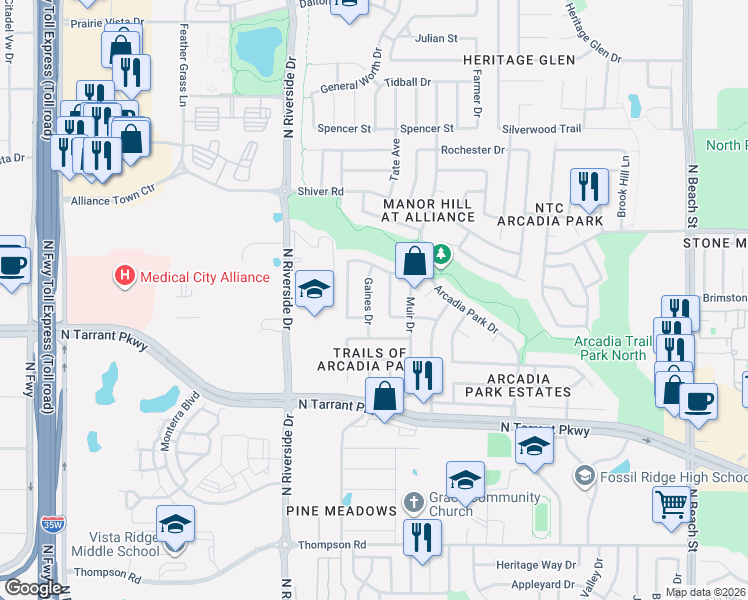 map of restaurants, bars, coffee shops, grocery stores, and more near 8713 Gaines Drive in Fort Worth