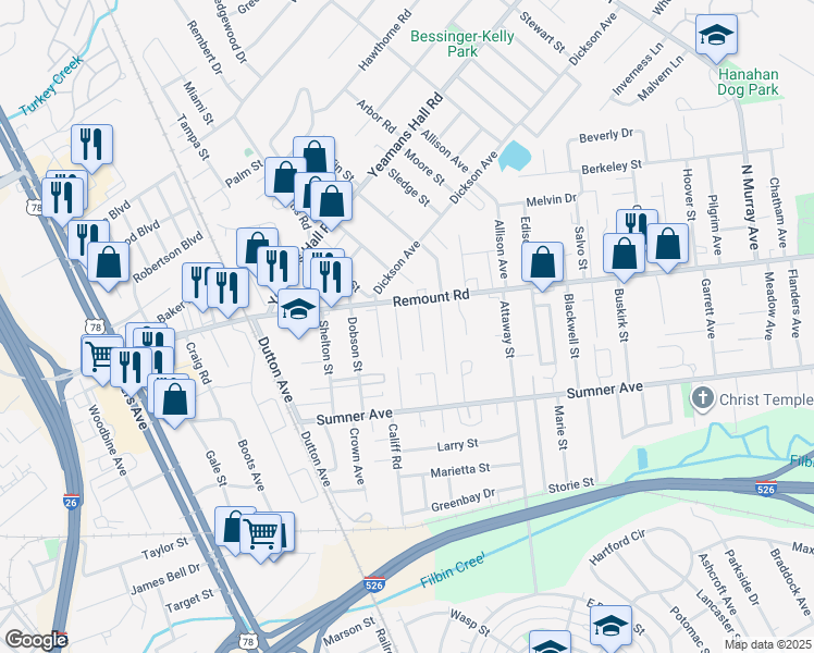 map of restaurants, bars, coffee shops, grocery stores, and more near 1633 Remount Road in North Charleston