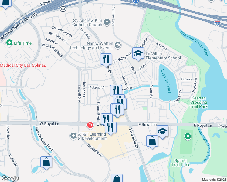 map of restaurants, bars, coffee shops, grocery stores, and more near 6700 Castillo Street in Irving