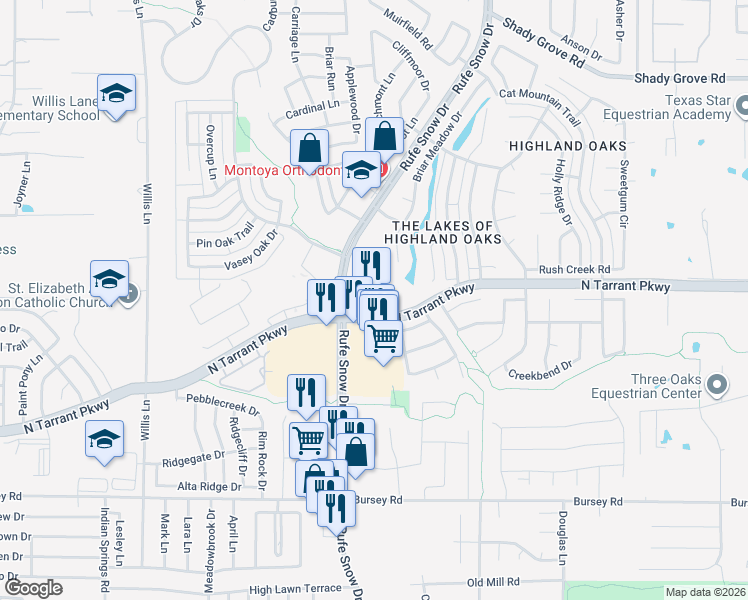 map of restaurants, bars, coffee shops, grocery stores, and more near 841 North Tarrant Parkway in Keller