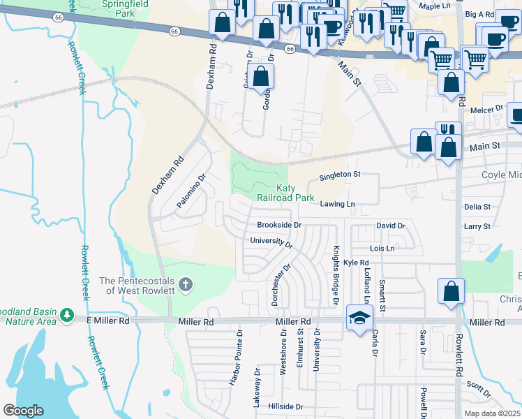 map of restaurants, bars, coffee shops, grocery stores, and more near 2305 Cortland Circle in Rowlett