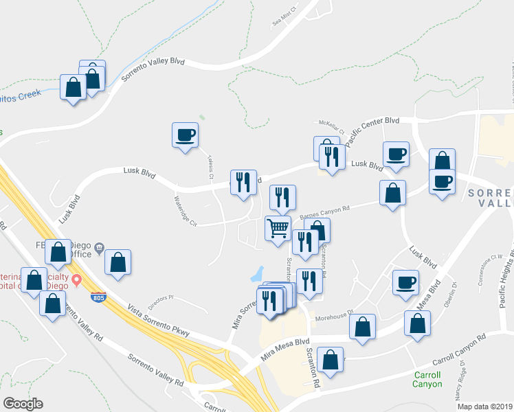 map of restaurants, bars, coffee shops, grocery stores, and more near 10194 Wateridge Circle in San Diego