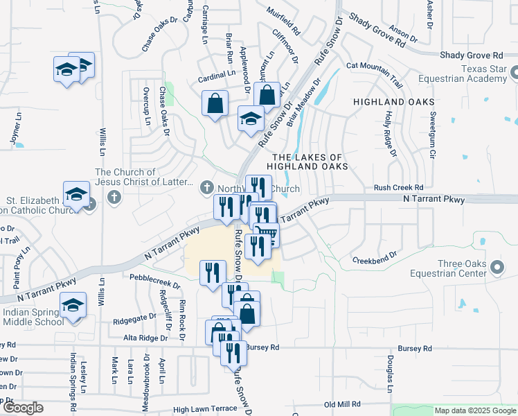 map of restaurants, bars, coffee shops, grocery stores, and more near 841 North Tarrant Parkway in Keller