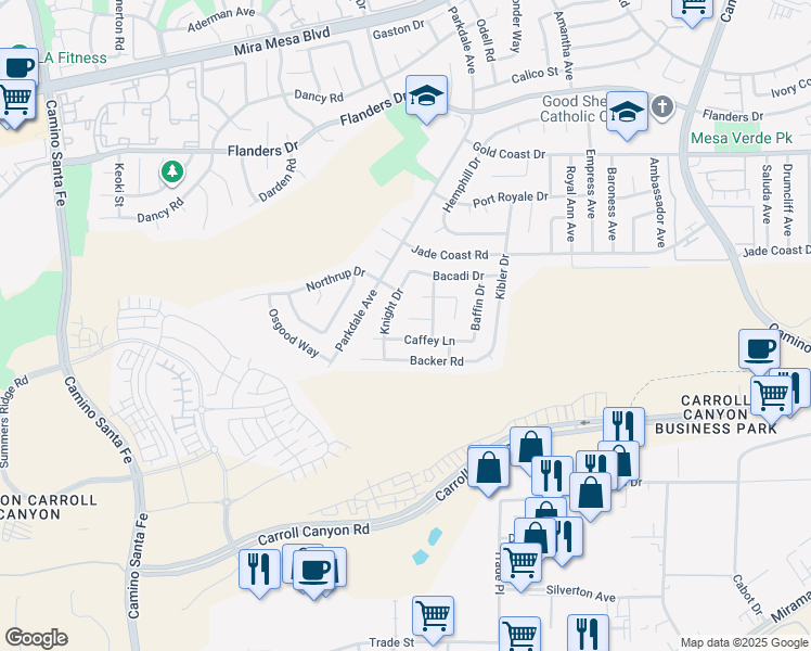 map of restaurants, bars, coffee shops, grocery stores, and more near 7729 Embry Court in San Diego