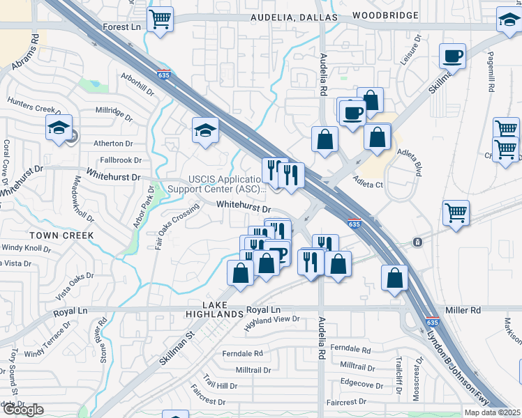 map of restaurants, bars, coffee shops, grocery stores, and more near 10010 Whitehurst Drive in Dallas