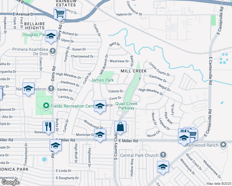 map of restaurants, bars, coffee shops, grocery stores, and more near 1314 Colony Drive in Garland