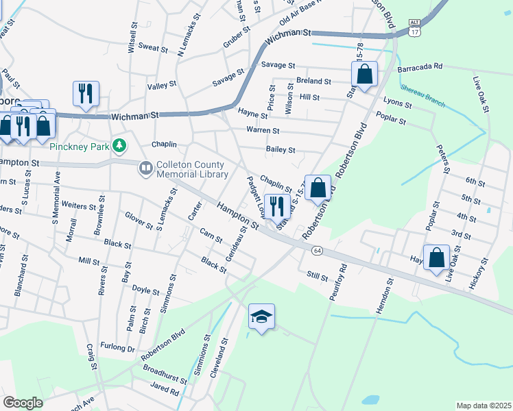 map of restaurants, bars, coffee shops, grocery stores, and more near 618 South Carolina 64 in Walterboro