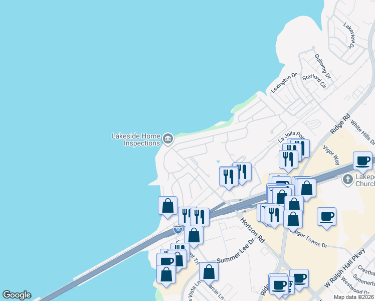 map of restaurants, bars, coffee shops, grocery stores, and more near 3621 Highpoint Drive in Rockwall