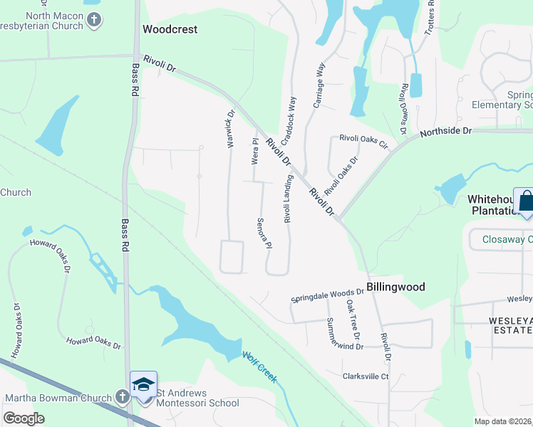 map of restaurants, bars, coffee shops, grocery stores, and more near 117 Senora Place in Macon