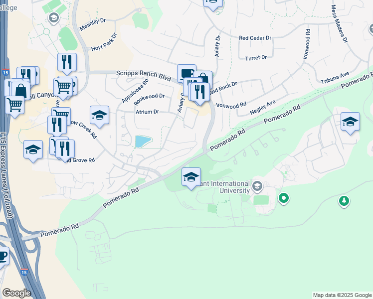 map of restaurants, bars, coffee shops, grocery stores, and more near 10591 Caminito Banyon in San Diego