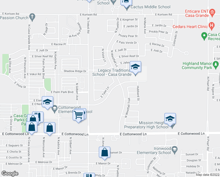 map of restaurants, bars, coffee shops, grocery stores, and more near 1177 East Tyler Lane in Casa Grande