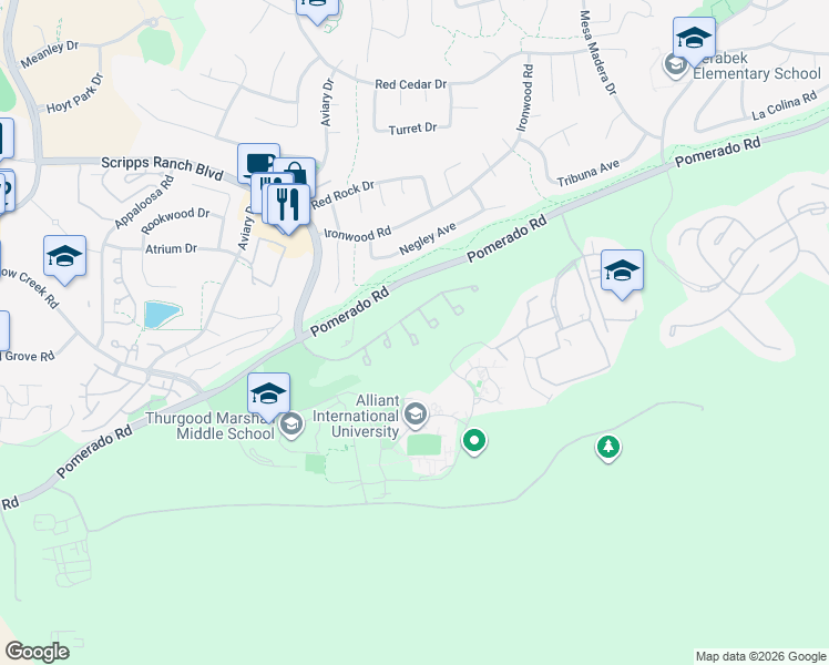 map of restaurants, bars, coffee shops, grocery stores, and more near 9901 Calcaterra Square in San Diego
