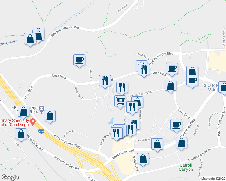 map of restaurants, bars, coffee shops, grocery stores, and more near 10210 Wateridge Circle in San Diego