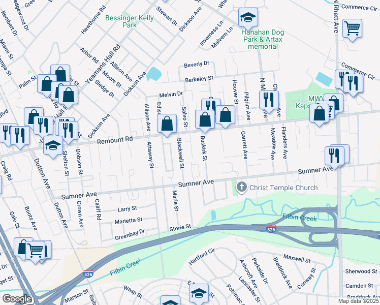 map of restaurants, bars, coffee shops, grocery stores, and more near 5612 Aldrich Avenue in Charleston