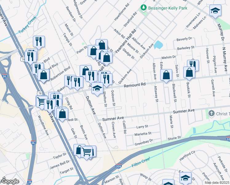 map of restaurants, bars, coffee shops, grocery stores, and more near 5640 Dobson Street in North Charleston