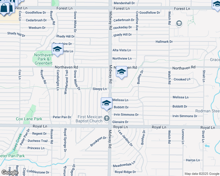 map of restaurants, bars, coffee shops, grocery stores, and more near 4156 Sleepy Lane in Dallas