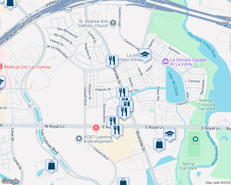 map of restaurants, bars, coffee shops, grocery stores, and more near 6700 Castillo Street in Irving