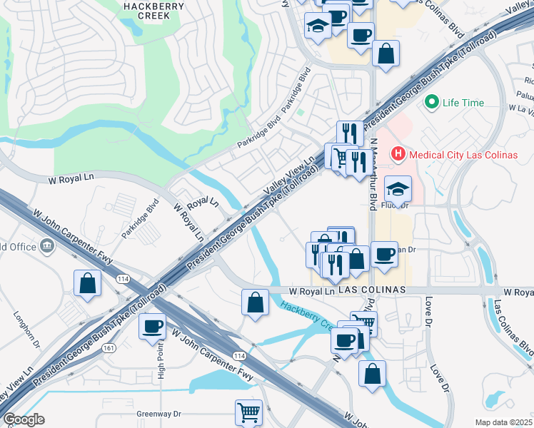 map of restaurants, bars, coffee shops, grocery stores, and more near 7100 Sierra Drive in Irving