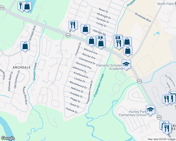 map of restaurants, bars, coffee shops, grocery stores, and more near 7701 Jadewood Drive in North Charleston