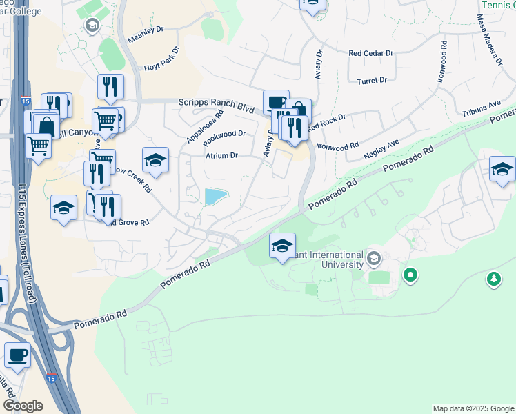 map of restaurants, bars, coffee shops, grocery stores, and more near 10374 Caminito Banyon in San Diego