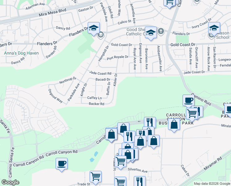 map of restaurants, bars, coffee shops, grocery stores, and more near 10033 Kibler Drive in San Diego