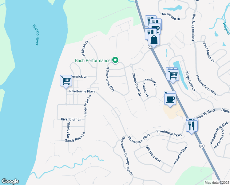 map of restaurants, bars, coffee shops, grocery stores, and more near 1912 North Smokerise Way in Mount Pleasant