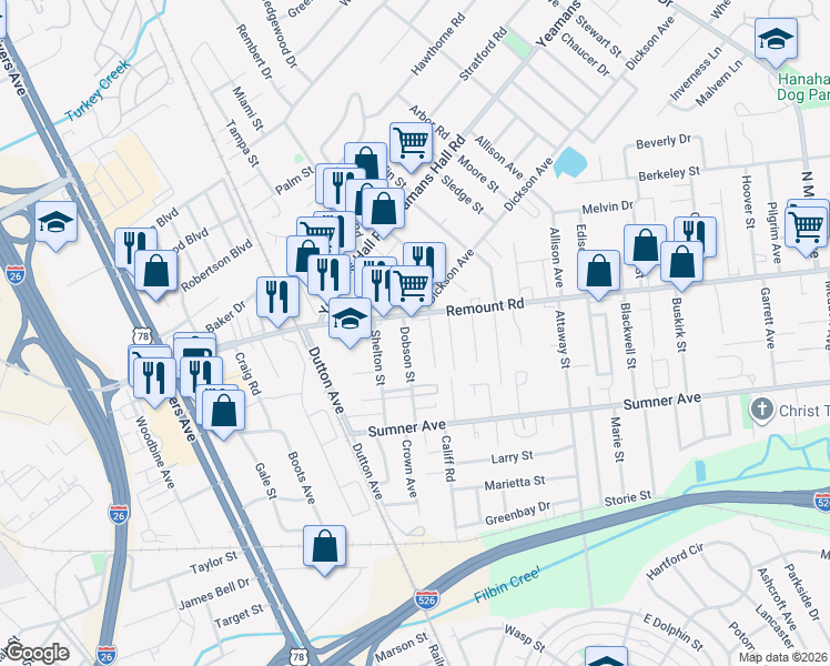 map of restaurants, bars, coffee shops, grocery stores, and more near 5640 Dobson Street in North Charleston