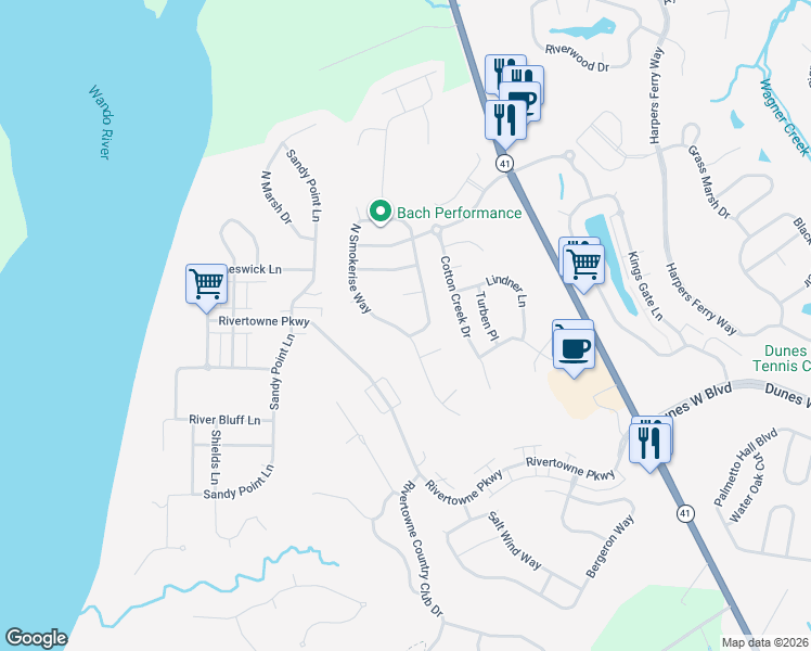 map of restaurants, bars, coffee shops, grocery stores, and more near 1922 North Smokerise Way in Mount Pleasant