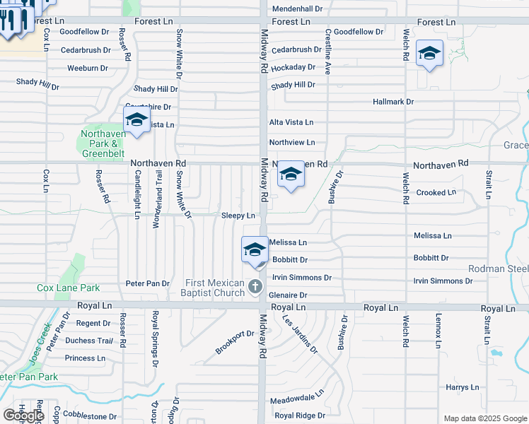 map of restaurants, bars, coffee shops, grocery stores, and more near 11110 Midway Road in Dallas