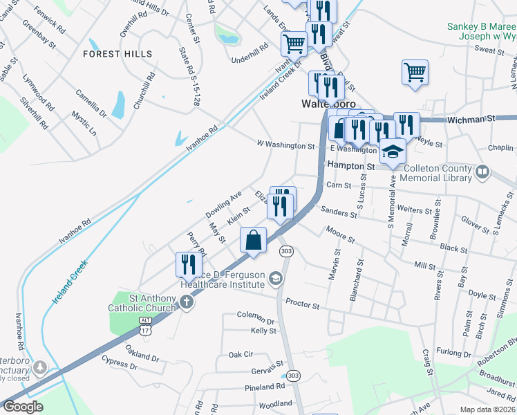 map of restaurants, bars, coffee shops, grocery stores, and more near 215 Klein Street in Walterboro