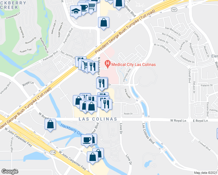 map of restaurants, bars, coffee shops, grocery stores, and more near 700 Fluor in Irving