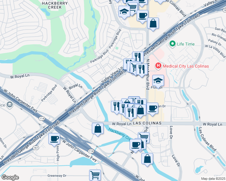 map of restaurants, bars, coffee shops, grocery stores, and more near 7100 Sierra Drive in Irving