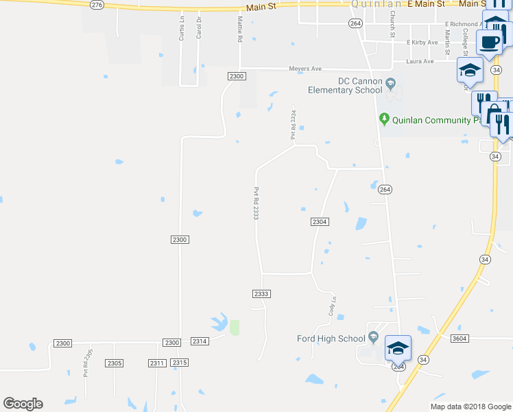 map of restaurants, bars, coffee shops, grocery stores, and more near 9996 Pvt Road 2333 in Quinlan