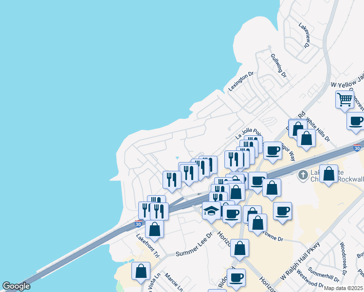 map of restaurants, bars, coffee shops, grocery stores, and more near 3505 Augusta Trail in Rockwall
