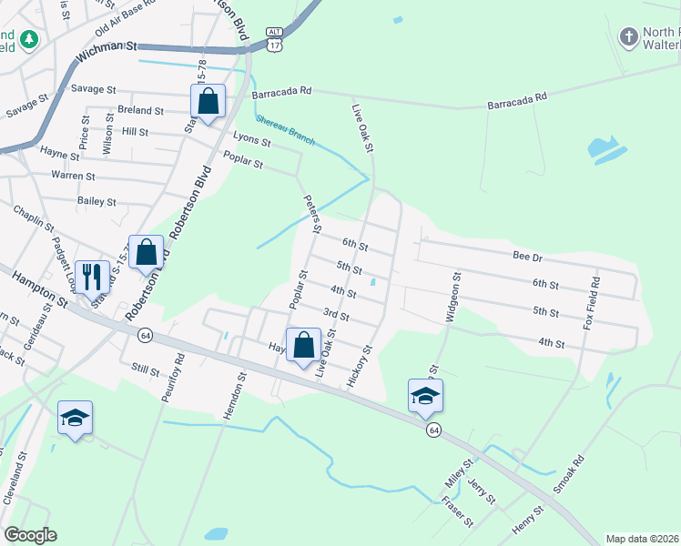 map of restaurants, bars, coffee shops, grocery stores, and more near 507 Live Oak Street in Walterboro