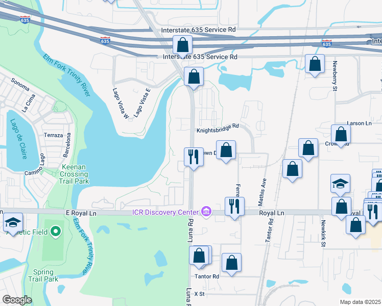 map of restaurants, bars, coffee shops, grocery stores, and more near Luna Road & Crown Drive in Farmers Branch